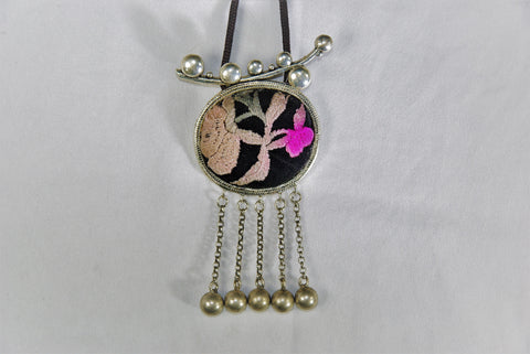 Pendant - Circular Embroidery patch with faux branch, berries and dangling bells
