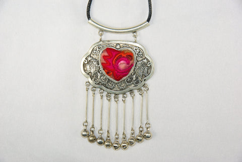 Pendant - Heart-shaped embroidery patch and double phoenix with bells