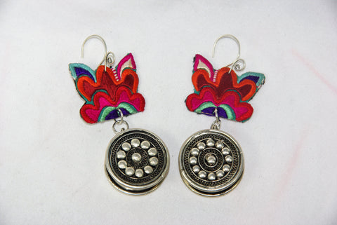 Earrings - Extra large - Embroidered floral pattern with large ornate dangling wheel