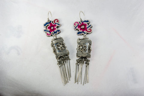 Earrings - Extra large - Embroidered floral pattern with large ornate lantern and dangles