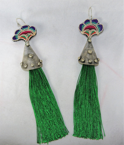 Earrings - Extra large - Embroidered tribal pattern with circle charm extra long tassles