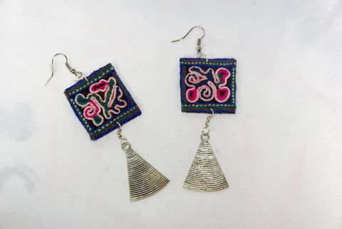 Earrings Large - Square patch embroidery and triangular dangles