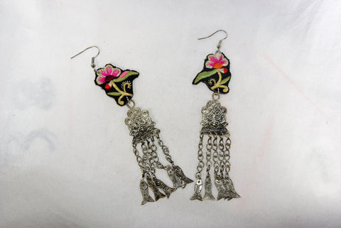 Earrings Large - Embroidered floral pattern and emblem and dangling fish