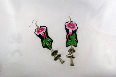 Earrings Large - Embroidered floral pattern and emblem and dangling cones