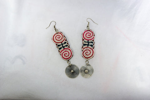 Earrings Large - Embroidered tribal/spiral patch and dangling spiral charm