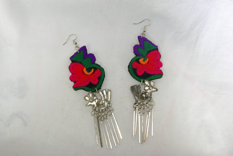 Earrings Large - Embroidered floral pattern with rooster charm and dangles