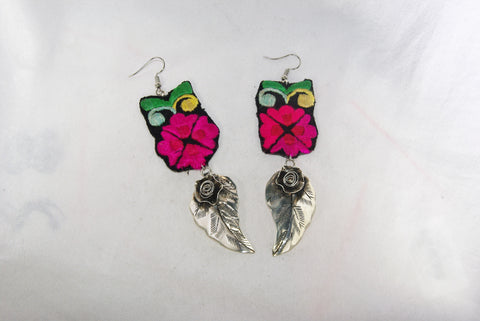 Earrings Large - Embroidered floral pattern with hanging floral charm
