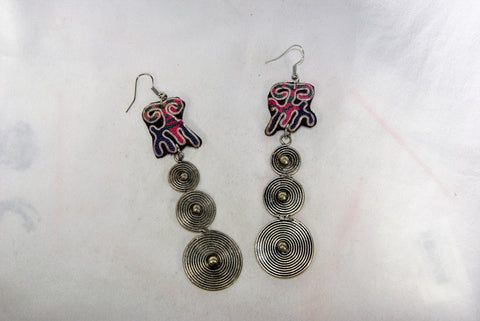 Earrings Large - Embroidered tribal/spiral patch and dangling spiral charm