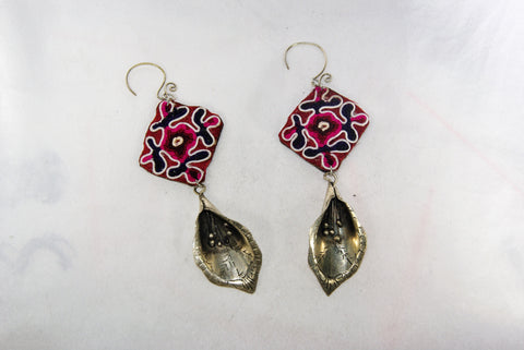 Earrings Large - Embroidered floral/tribal pattern with hanging flower charm