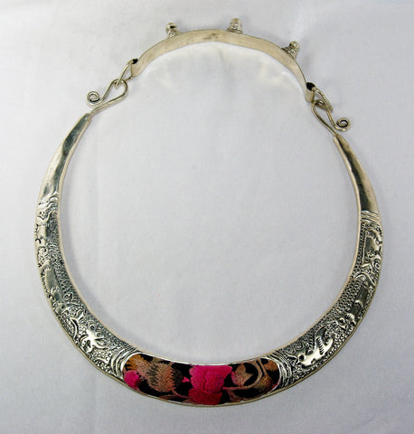 Miao Chestpiece - Hollow hammered animal impression rings with matching embroidered motif